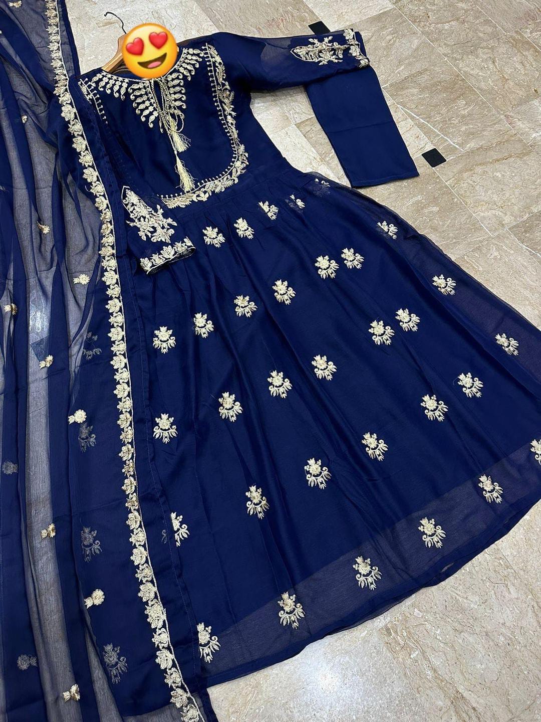 3 Pcs Women Stitched Embroidered Blue Maxi And Trouser - Image 2