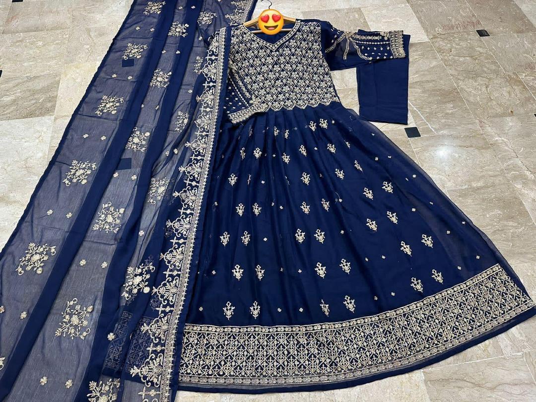 3 Pcs Women's Stitched Embroidered Blue Maxi Suit - Image 2