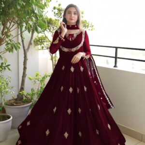 3 Pcs Women Stitched Embroidered Maxi And Trouser