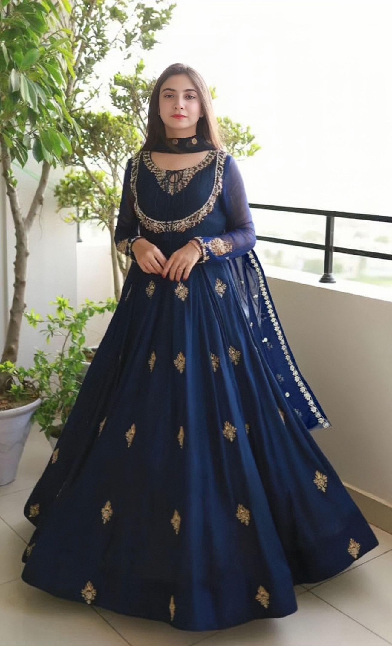 3 Pcs Women Stitched Embroidered Blue Maxi And Trouser