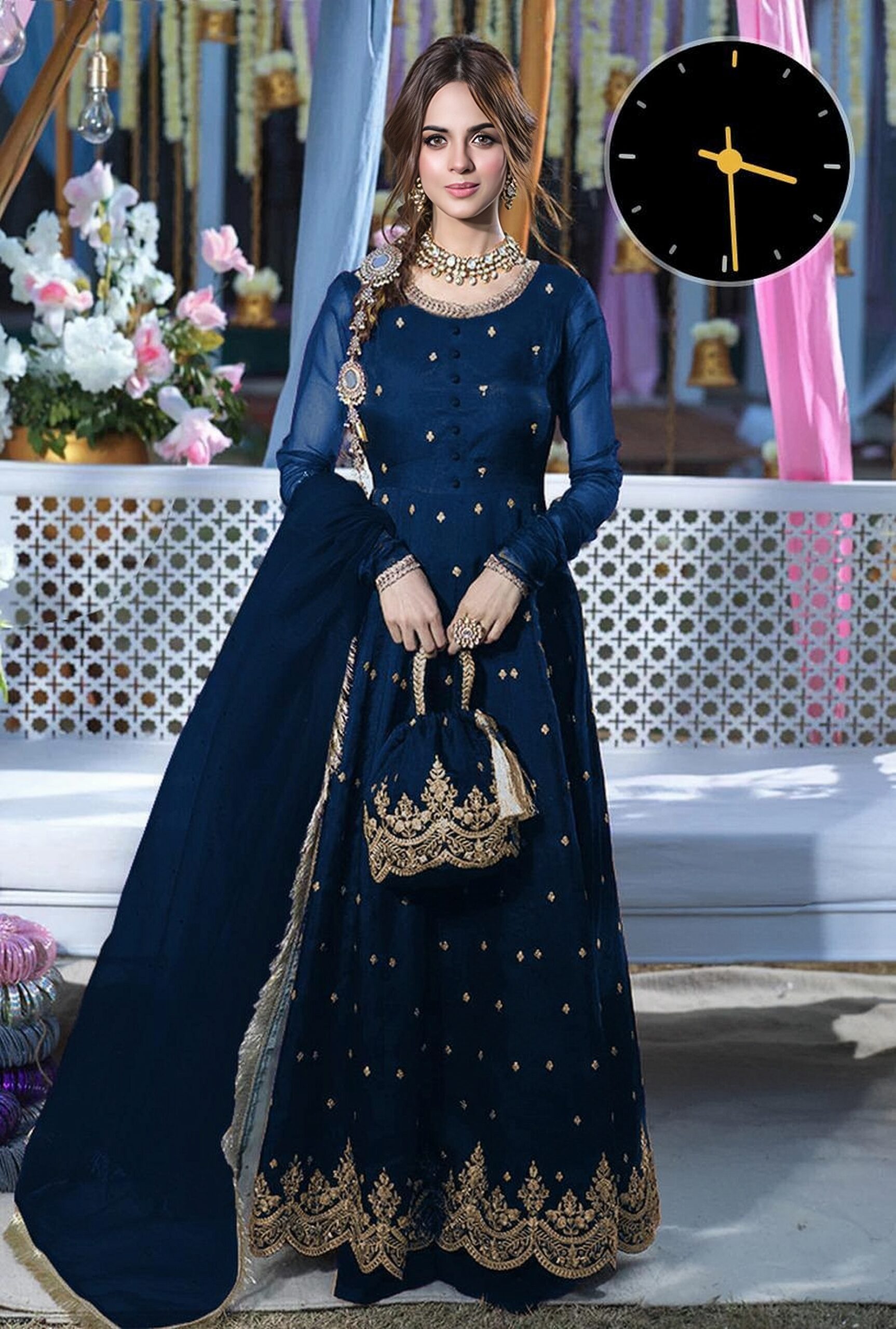 4 Pcs Women’s Stitched Embroidered Blue Maxi And Trouser