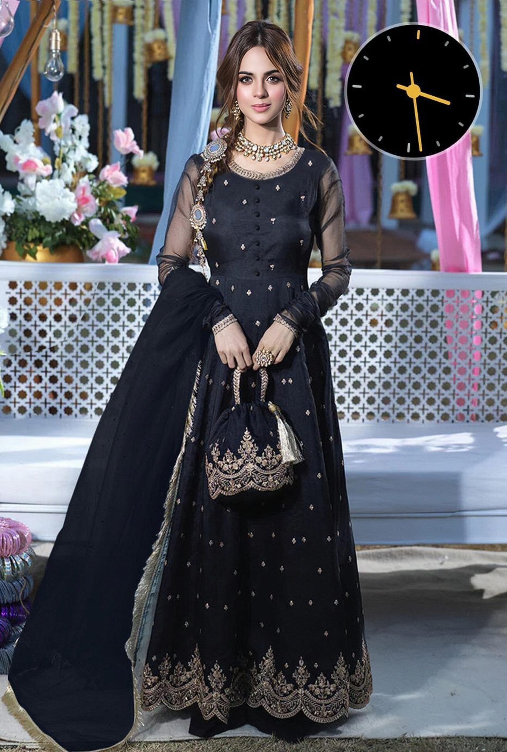 4 Pcs Women’s Stitched Embroidered Black Maxi And Trouser