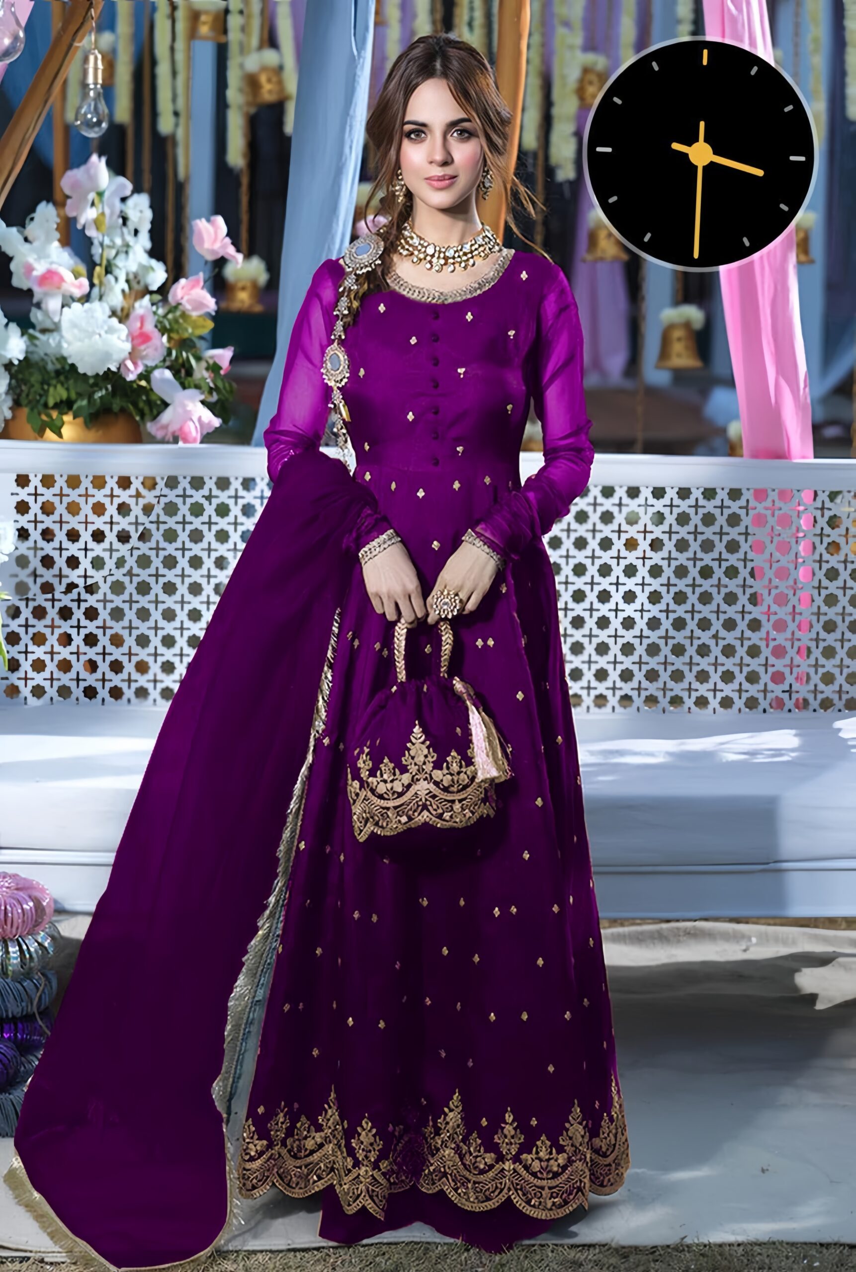 4 Pcs Women’s Stitched Embroidered Purple Maxi And Trouser